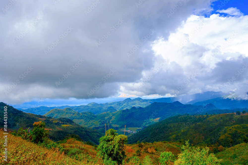 high mountains peaks range clouds in fog scenery landscape national park view outdoor  at Doi Ang Khang, Chiang Mai Province, Thailand