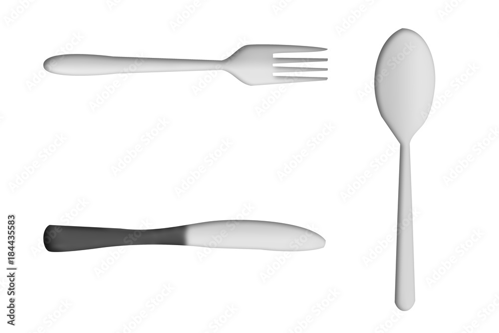 Tenedor, cuchara, y cuchillo de metal. Tenedor, cuchara, y cuchillo de metal.
