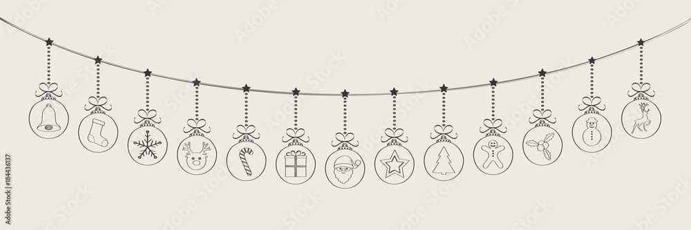 Hanging Christmas ornaments - panoramic banner. Vector. Hanging Christmas ornaments - panoramic banner. Vector.