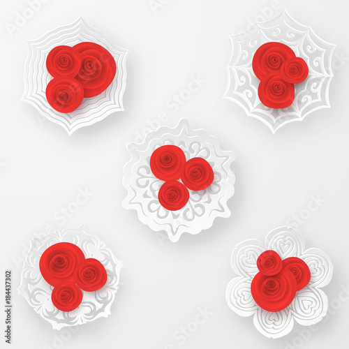 Red vector roses with paper snowflakes composition on white background. Heart symbol. Romantic background . St. Valentine's Day, 8 march, Woman's day
