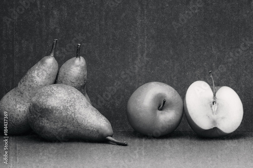 Black and white, still life with autumn fruit