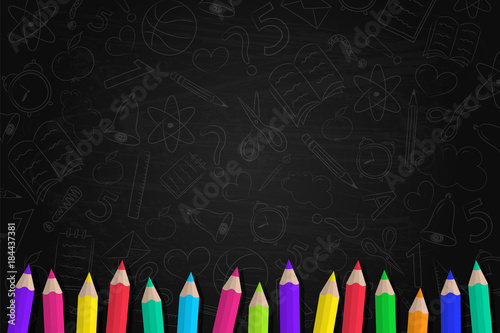 School background with coloured pencils and funny sketch. Vector. 
