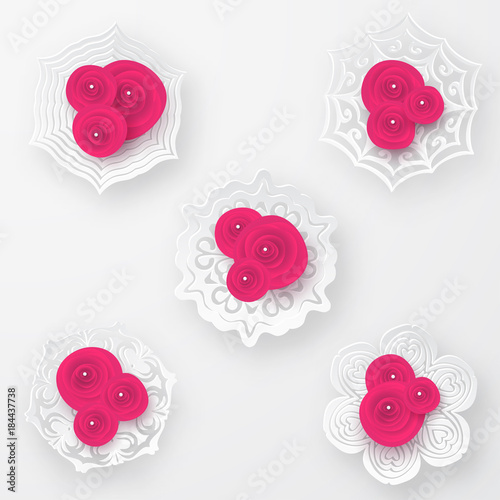 Pink vector roses with paper snowflakes and pearls beads pecomposition on white background. Heart symbol. Romantic background . St. Valentine's Day, 8 march, Woman's day