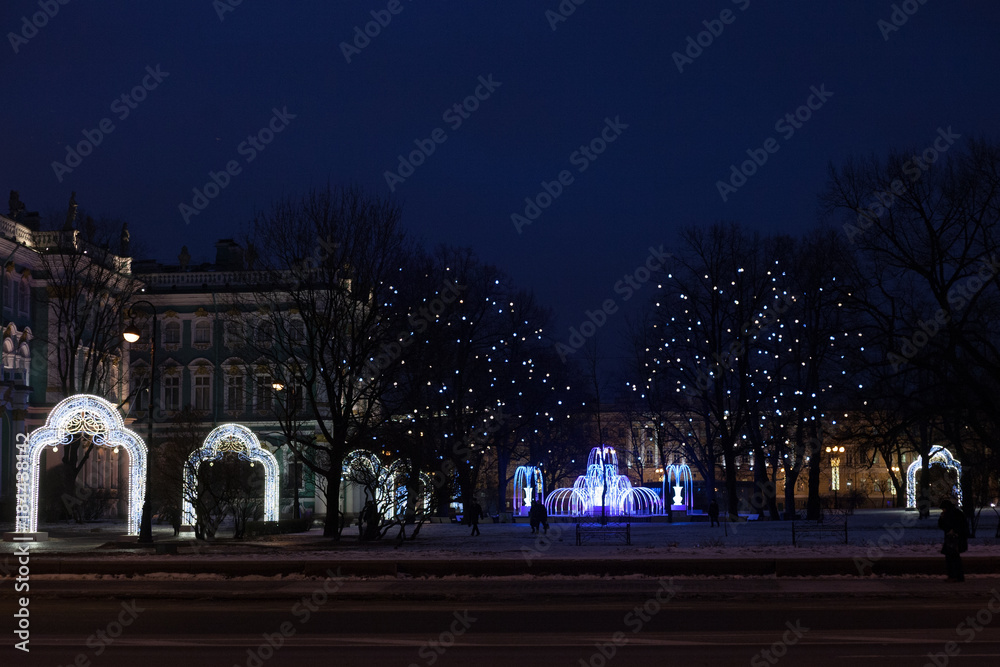 Festive Christmas lighting near the Winter Palace, Saint Petersburg, Russia