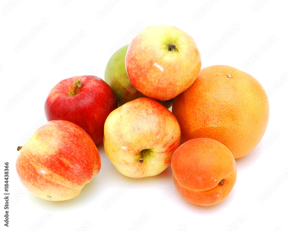 fresh red apples and plum, pomelo isolated on white background fresh red apples and plum, pomelo isolated on white background