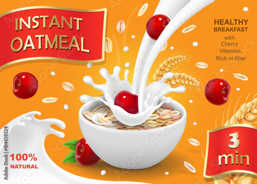 Instant oatmeals with cherry. Oat flakes advertising with milk splash and berry
