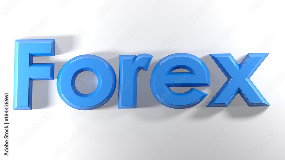 Forex: the currencies stock market, written with blue 3D letters, laying on a white surface - 3D rendering