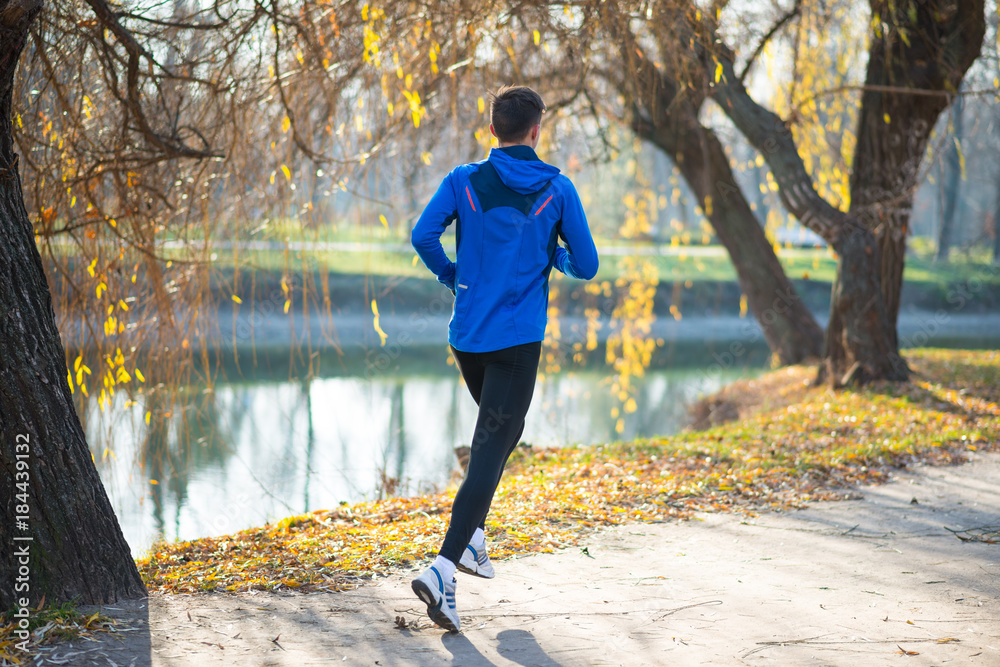 Fototapeta premium Young Sports Man Running in the Park in Cold Sunny Autumn Morning. Healthy Lifestyle and Sport Concept.