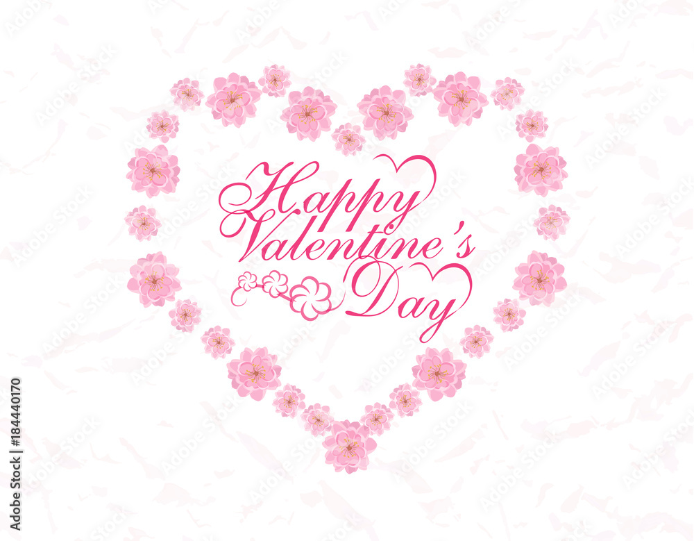 Valentine s Day. Card. Congratulatory inscription. Heart of pink flowers Sakura. illustration