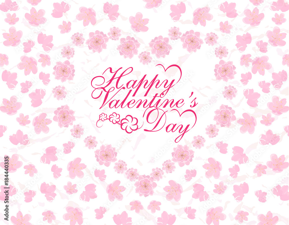 Valentine s Day. Card. Congratulatory inscription. Field and heart of pink flowers Sakura. illustration
