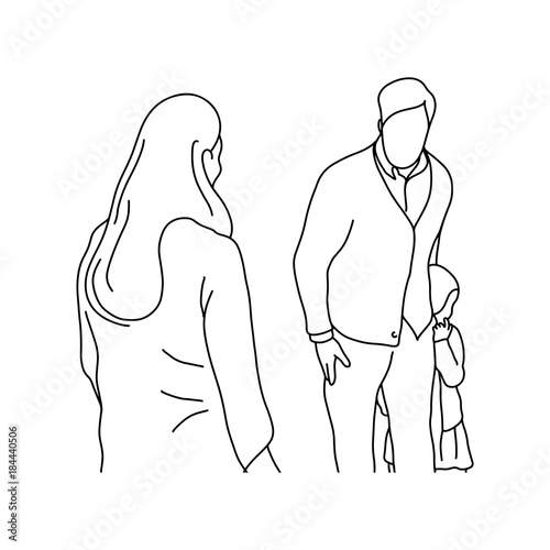 man protecting little girl from bad woman vector illustration black lines isolated on white background. Child abuse or bullying Concept.