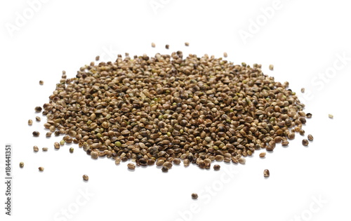 Pile hemp seeds isolated on white background