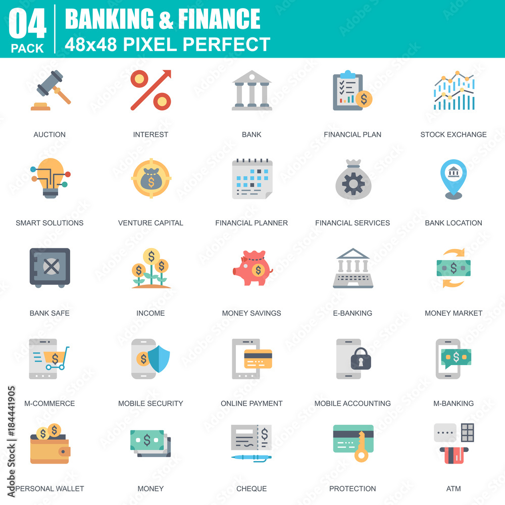 Flat banking and finance icons set for website and mobile site and apps. Contains such Icons as Bank, Money, Financial Plan, M-commerce. 48x48 Pixel Perfect. Editable Stroke. Vector illustration. Flat banking and finance icons set for website and mobile site and apps. Contains such Icons as Bank, Money, Financial Plan, M-commerce. 48x48 Pixel Perfect. Editable Stroke. Vector illustration.