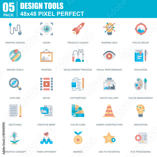 Flat design tools, art and media icons set for website and mobile site and apps. Contains such Icons as Innovation, Vision, Painting. 48x48 Pixel Perfect. Editable Stroke. Vector illustration.