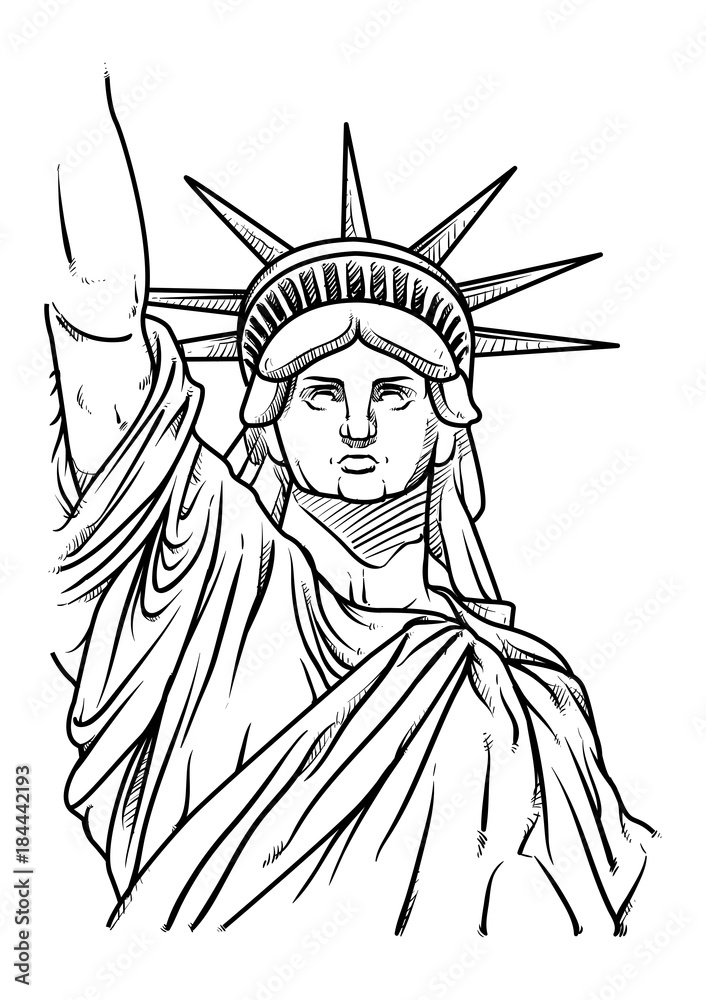 The Statue of Liberty Hand Drawn vector Illustration, American Landmarks outline, Lady Liberty on white background, doodle line
