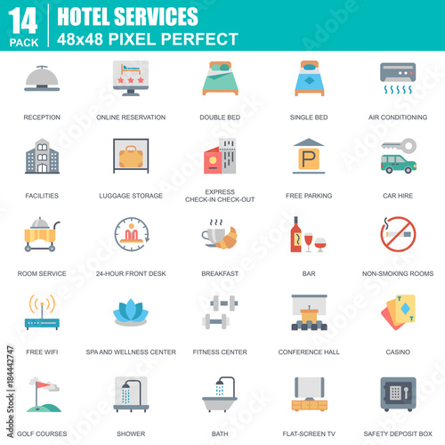 Flat hotel services and facilities, online booking icons set for website and mobile site apps. Contains such Icons as Reception, Bar. 48x48 Pixel Perfect. Editable Stroke. Vector illustration.