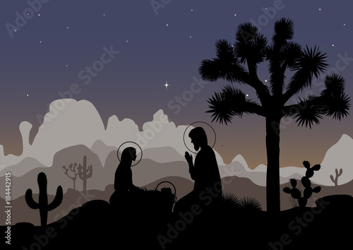 Nativity scene and mexican night landscape. Saint family, Joshua tree, cactus, and mountains. Vector illustration