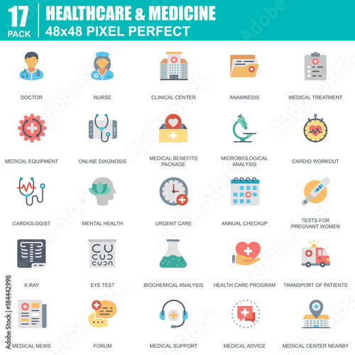 Flat healthcare and medicine, hospital services icons set for website and mobile site and apps. Contains such Icons as Doctor, Nurse. 48x48 Pixel Perfect. Editable Stroke. Vector illustration.