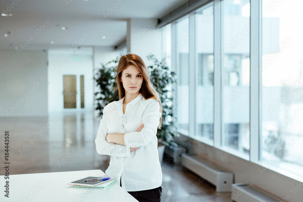 Business portrait. The young woman with a long fair hair in white office shirt costs against the background of business center. Nearby tablet and daily log. Business portrait. The young woman with a long fair hair in white office shirt costs against the background of business center. Nearby tablet and daily log.