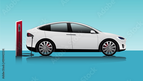 Modern electric car charging at the charger station. Vector illustration EPS 10