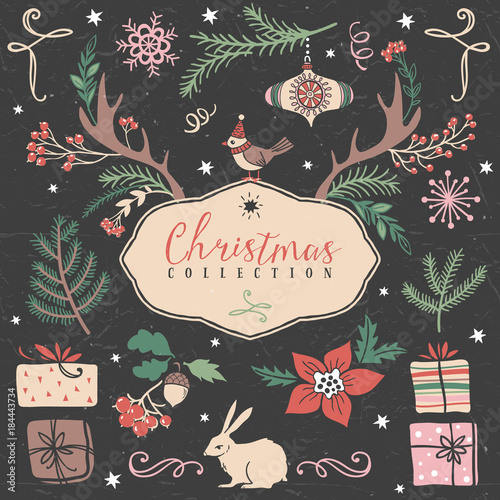 Decorative greeting bouquets with flowers and berries. Christmas collection. Hand drawn illustration. Design elements.