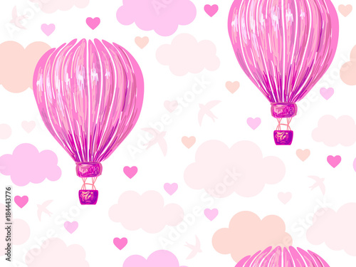 Seamless pattern with hot air balloon, clouds sky, bird, heart vector background. Love. Perfect for wallpaper, pattern fill, web page background, surface textures, textile