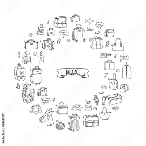 Hand drawn doodle Baggage icons set. Vector illustration. Different types of baggage. Large and small suitcase  hand luggage  backpack  carrying animals  crate  handbag  tag. Sketch cartoon style.