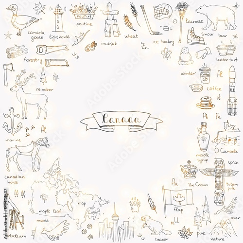 Hand drawn doodle Canada icons set Vector illustration isolated symbols collection of canadian symbols Cartoon elements: bear, map, flag, maple, beaver, deer, goose, totem pole, horse, hockey, poutine