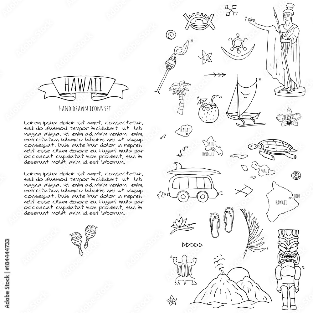 Hand drawn doodle Hawaii icons set Vector illustration isolated symbols collection of hawaiian symbols Cartoon elements: USA state map Honolulu State Hula girl Surfing guy Volcano Guitar Paradise Art
