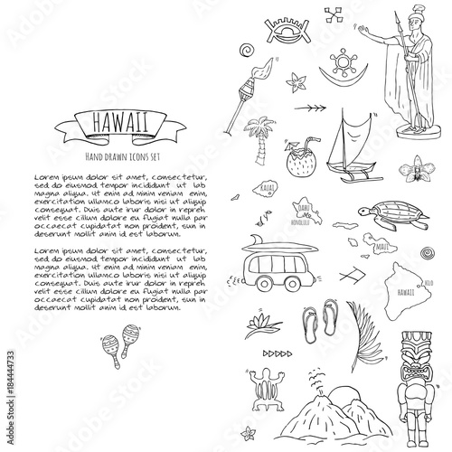 Hand drawn doodle Hawaii icons set Vector illustration isolated symbols collection of hawaiian symbols Cartoon elements  USA state map Honolulu State Hula girl Surfing guy Volcano Guitar Paradise Art