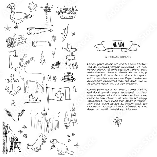Hand drawn doodle Canada icons set Vector illustration isolated symbols collection of canadian symbols Cartoon elements: bear, map, flag, maple, beaver, deer, goose, totem pole, horse, hockey, poutine