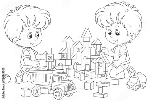 Black and white vector illustration of little children building a toy castle with bricks