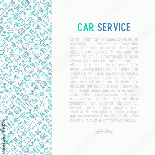 Car service concept with thin line icons of mechanic, computer diagnostics, tools, wheel, battery, transmission, jack. Modern vector illustration for banner, web page, print media.