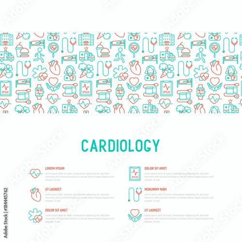 Cardiology concept with thin line icons set: cardiologist, stethoscope, hospital, pulsometer, cardiogram, heartbeat. Modern vector illustration for banner, web page, print media.