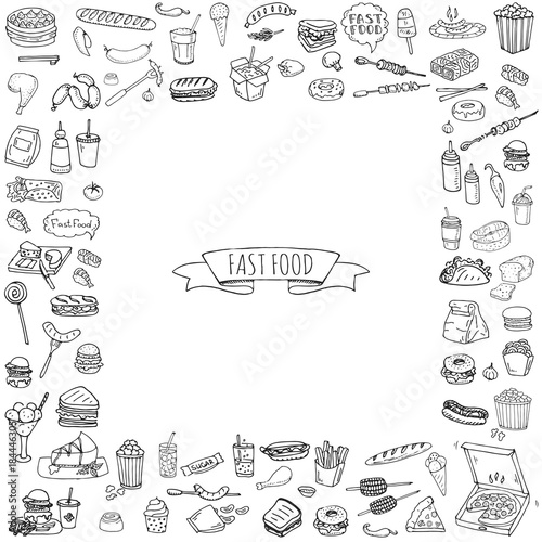 Hand drawn doodle Fast food icons set. Vector illustration. Junk food elements collection. Cartoon snack various sketch symbol: soda, burger, potato,hot dog, pizza, tacos, sweet desert, donut, popcorn