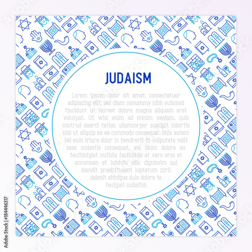 Judaism concept with thin line icons: Orthodox jew, star of David, sufganiyot, hamsa, candles, synagogue, skullcap, rosary, Western Wal, Tanakh. Modern vector illustration, template for web page.