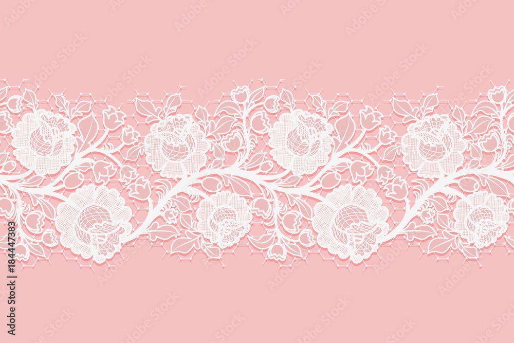 Lace horizontal seamless openwork roses. White lacy mesh on a pink background.