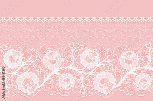 Lacy horizontal seamless single-sided ribbon with embroidered roses. White lace on a pink background.