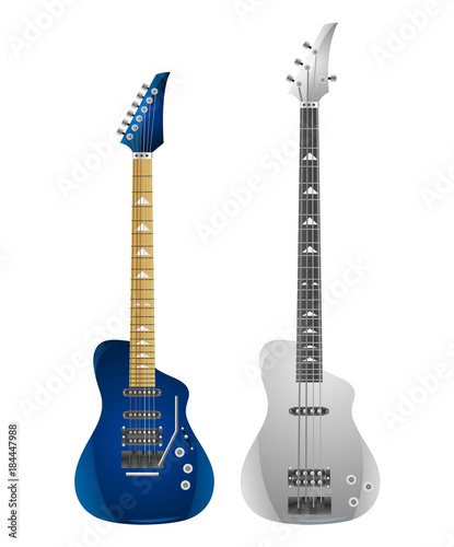 Set of electric guitars and bass isolated on white background. Vector illustration