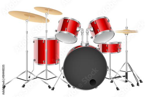 Realistic red drum set on a white background. Vector illustration