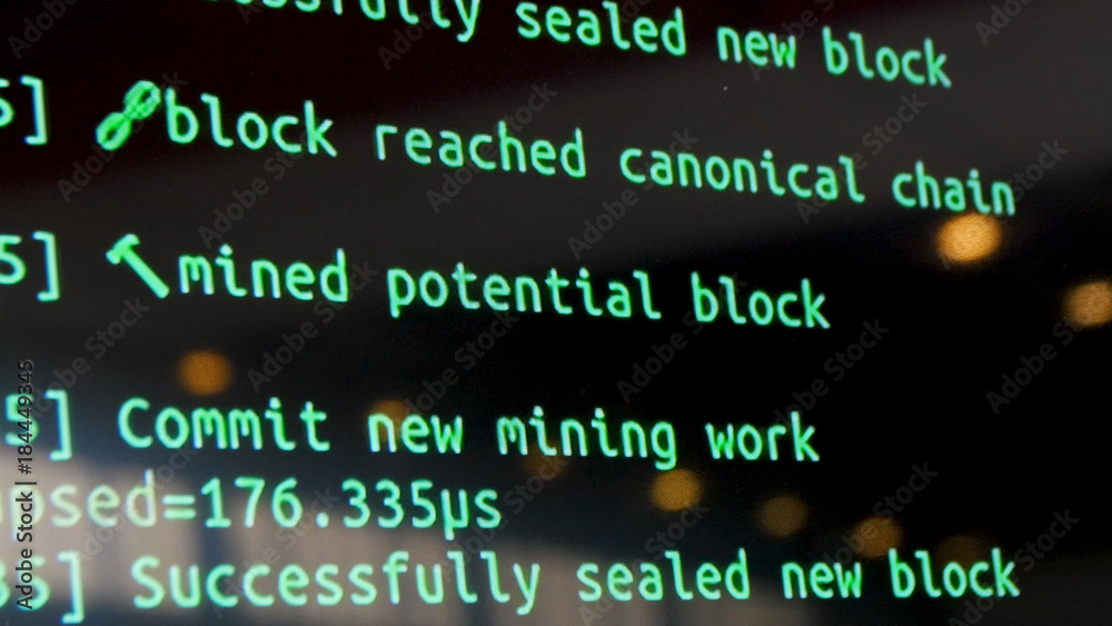 Obraz premium Screen with crypto code, green digitals. Programm code for mining cryptocurrency, mining work. Screen with software developer code. Crypto-currency