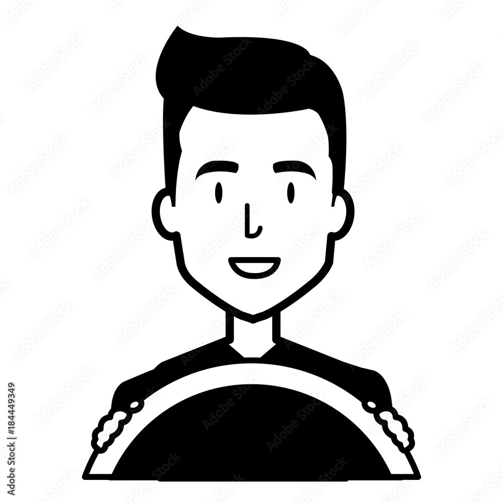 young man driving with steering wheel