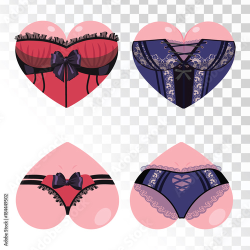 Set of hearts for St. Valentines Day. Collection of hearts in the form of buttocks and boobs of a woman. Girlish ass in underwear. Erotic vector Illustration.
