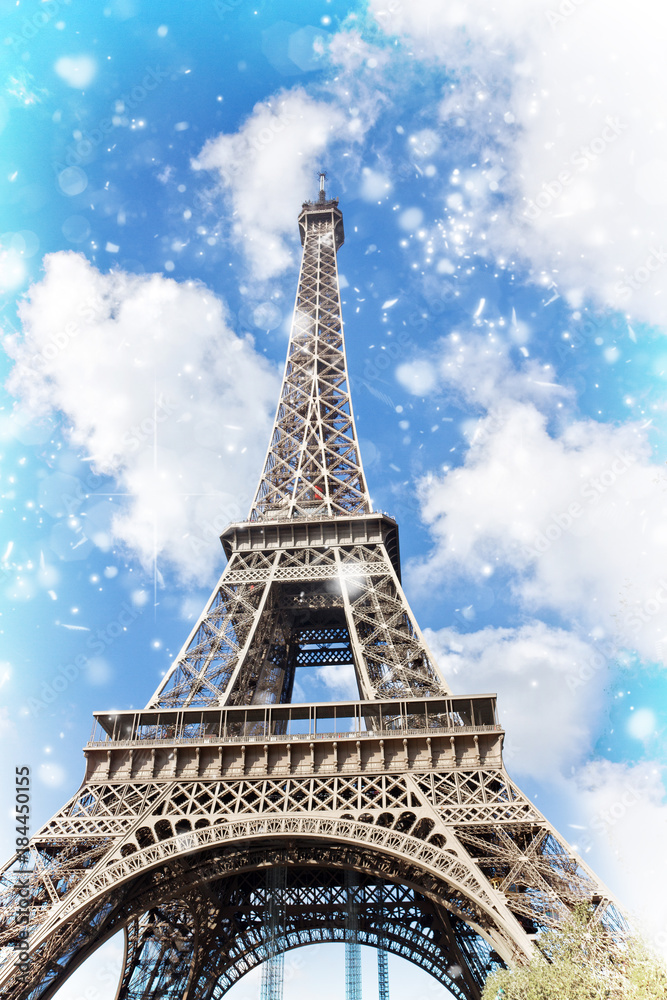 Eiffel Tower at winter day close up, Paris, France