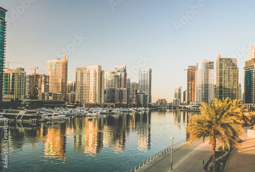 Dubai. The waterfront of Dubai Marina in the early morning. Toning instagram.   © sablinstanislav