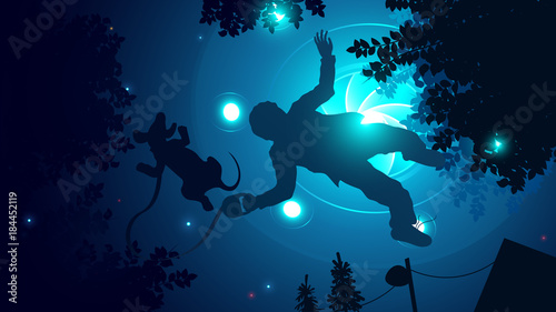 UFO abducts human in dark night sky near home. Aliens spaceship fly over man and his dog. Flying saucer or unidentified flying object. Vector illustration