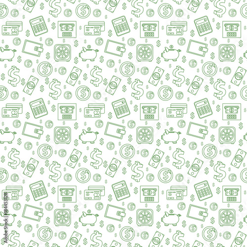Money seamless pattern, line style. Finances endless background. Business, bank repeating texture with dollars, coins, coin box, calculator. Vector illustration
