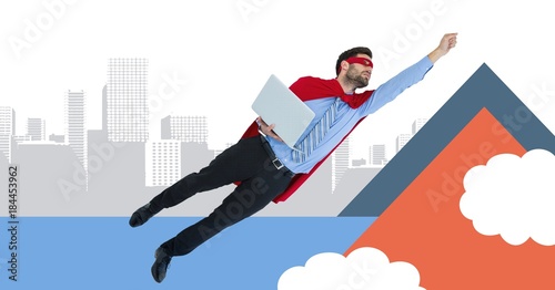 Flying superhero businessman with minimal shapes in city © vectorfusionart