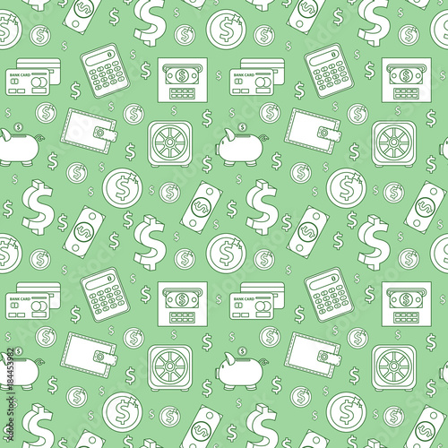 Money seamless pattern, line style. Finances endless background. Business, bank repeating texture with dollars, coins, coin box, calculator. Vector illustration