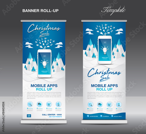 MOBILE apps Roll up banner template on Winter Landscape Background, Christmas sale, stand layout, blue banner, application presentation, infographics, advertisement, flyer, x-banner, j-flag, poster